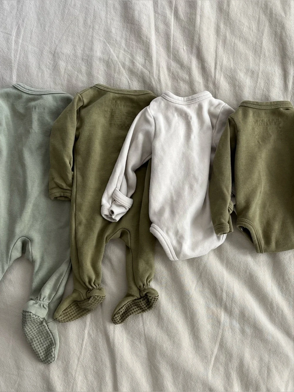 Lot of 4 L'ovedbaby Olive Green Snap-Front Footed and Short Sleeve One-Pieces